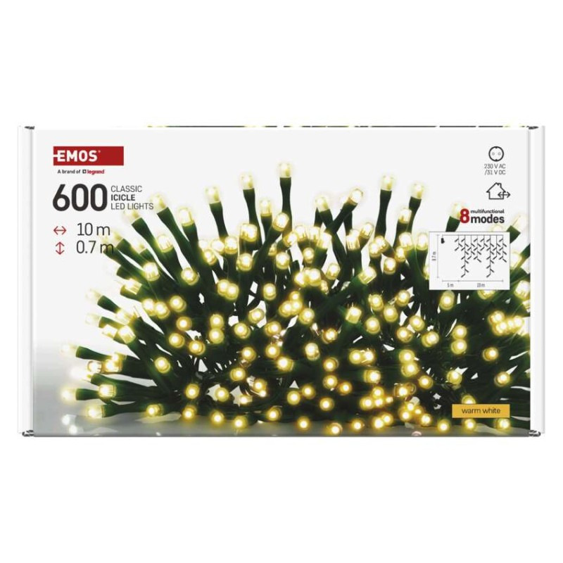 LED vianočné cencúle, 10 m, vonkajšie aj vnútorné, teplá biela, programy 8