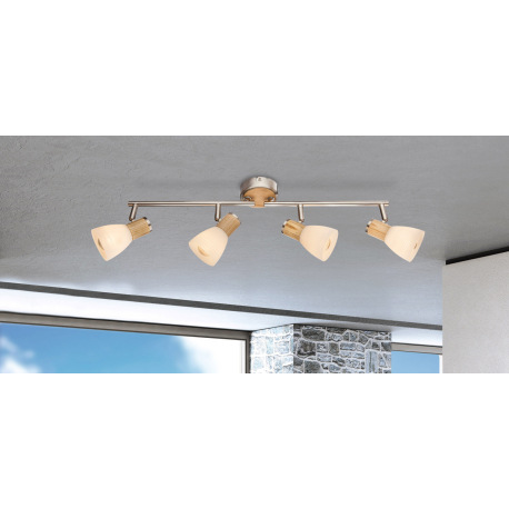 Stropné svietidlo, nikel matný, drevo, sklo biele pruhované, DxV: 600x155, bez žiaroviek 4xE14, max. 1