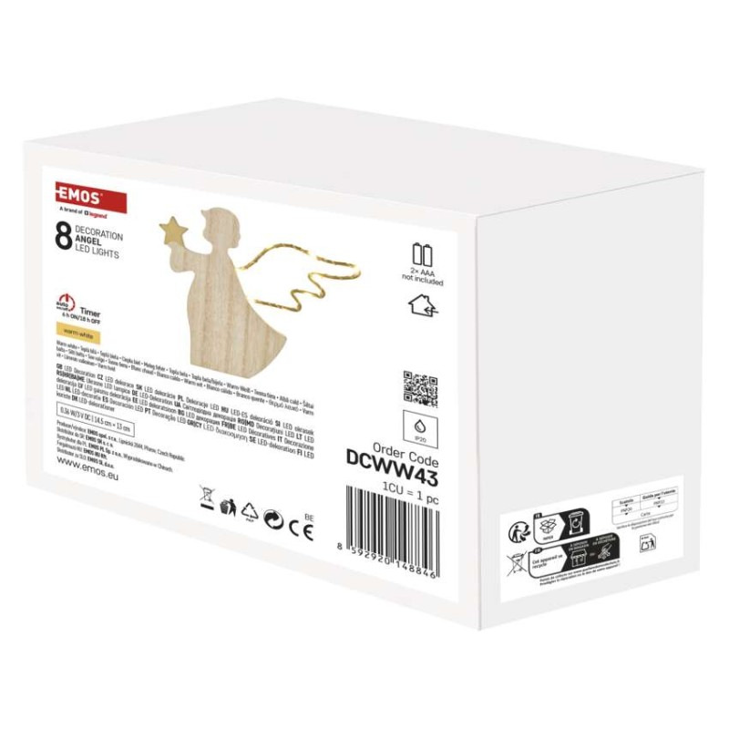LED dekorácia drevená – anjel, 13 cm, 2x AAA, vnútorný, teplá biela, časovač 2