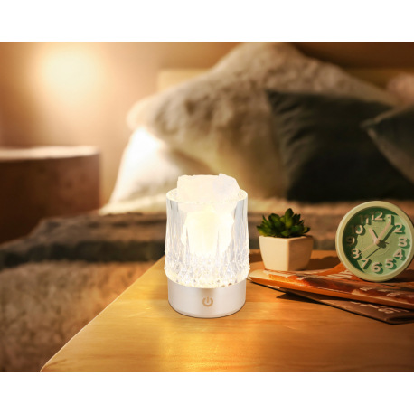Stolová lampa, matný strieborný plast, priehľadný plast s krištáľovým efektom, biele ozdobné kamene, 2