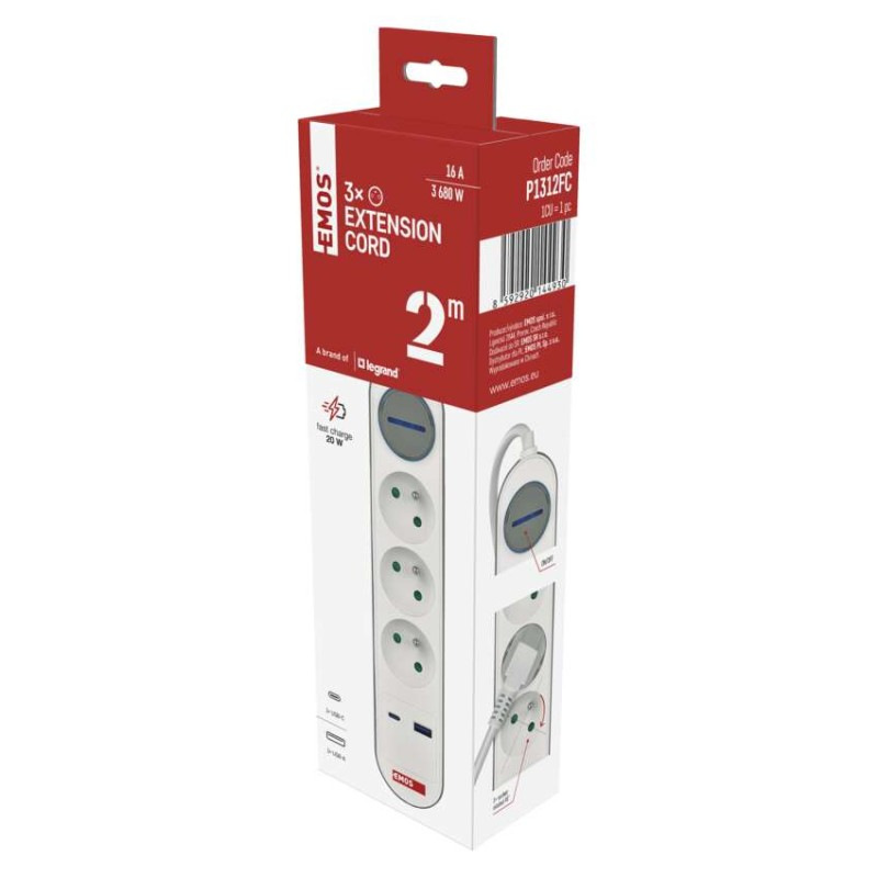 Predlžovací kábel 2 m / 3 zásuvky / s vypínačom / biely / 1×USB-A + 1×USB-C / 1,5 mm2 13