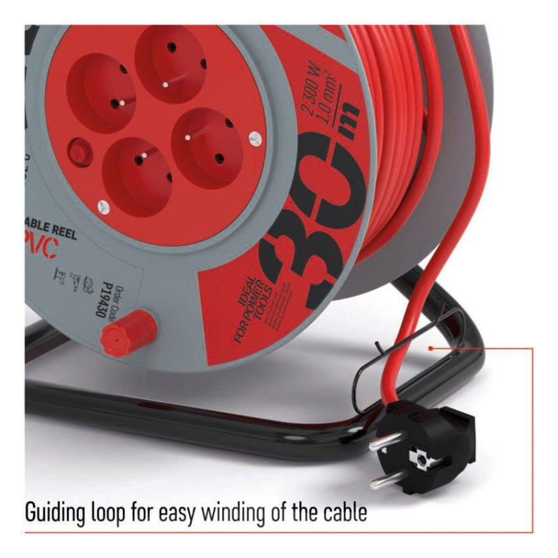 Predlžovací kábel na bubne 30 m / 4 zásuvky / červený / PVC / 230 V / 1 mm2 3