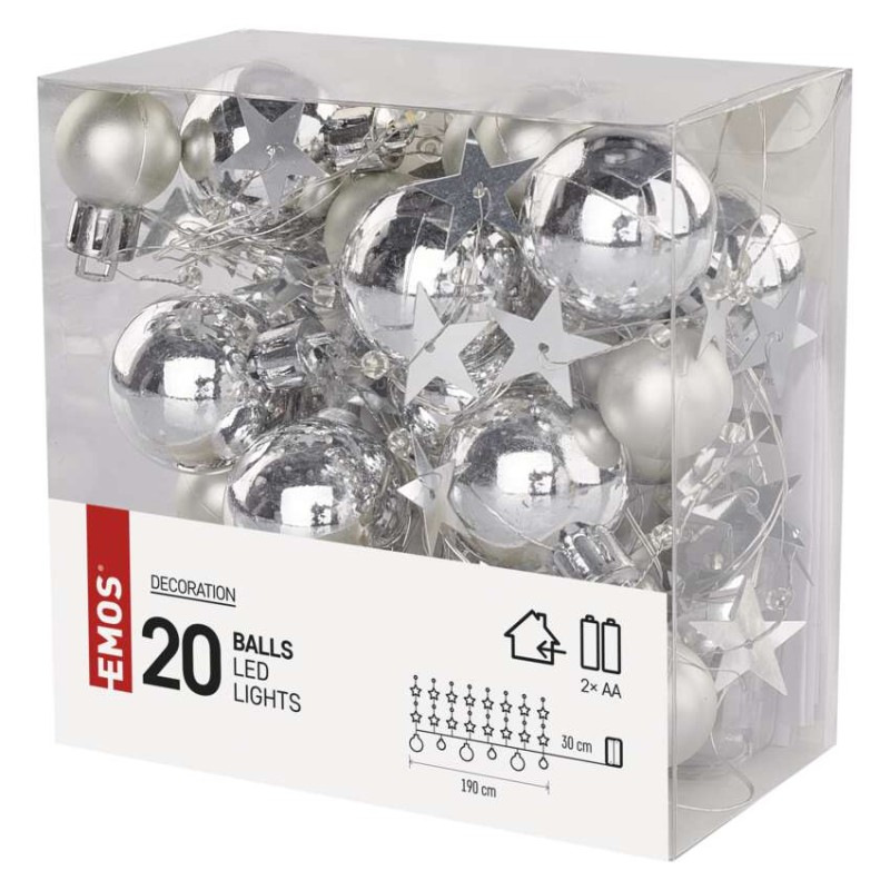 LED vianočná girlanda – strieborné guličky, 1,9 m, 2x AA, vnútorný, teplá biela, časovač 1