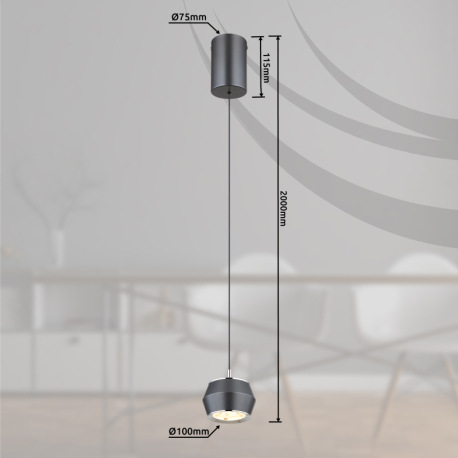 Závesné svietidlo, kov/hliník sivý matný, akryl biely, chrómový krúžok, kábel PVC čierny, ø: 100 mm, 14