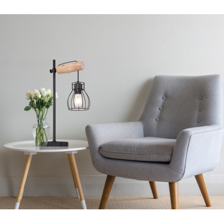 Stolová lampa, čierny kov, drevo, čierny kov, vypínač, DxŠxV: 330x180x550, bez žiarovky 1xE27, max. 1