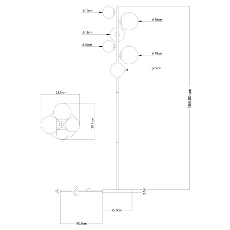 Stojanové svietidlo, kov čierny, kov mosadz, sklo jantárové, nožný vypínač , DxŠxV:285x265x1550mm, d 19