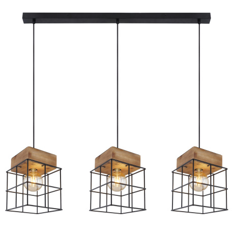Závesné svietidlo, kov čierny, hnedé drevo, oceľová klietka, textilný kábel čierny, DxŠxV:950x200x12 4