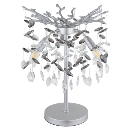 Stolové svietidlo, kov strieborná matná, sklenené krištále dymové, číre, kábel PVC, kolískový vypína 8