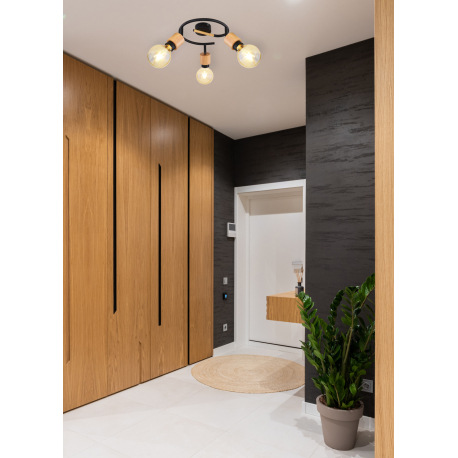 Stropné svietidlo, kov čierny, svetlé drevo, Ø 405, V: 160, bez žiaroviek 3xE27, max. 40W 230V 8