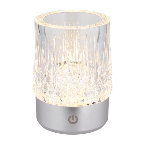 Stolová lampa, matný strieborný plast, priehľadný plast s krištáľovým efektom, biele ozdobné kamene, 6