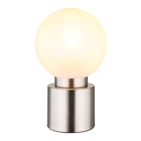 Stolová lampa, nikel, sklo biele, satinované, kolískový vypínač na kábli, ø:150mm, V: 245mm, dĺžka k