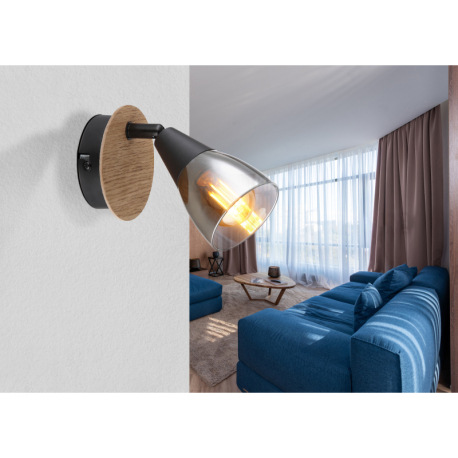 Nástenné svietidlo, bodové, kov čierny matný, drevo hnedé, sklo dymové, ø 80 mm, V:130mm, H: 160mm, 8