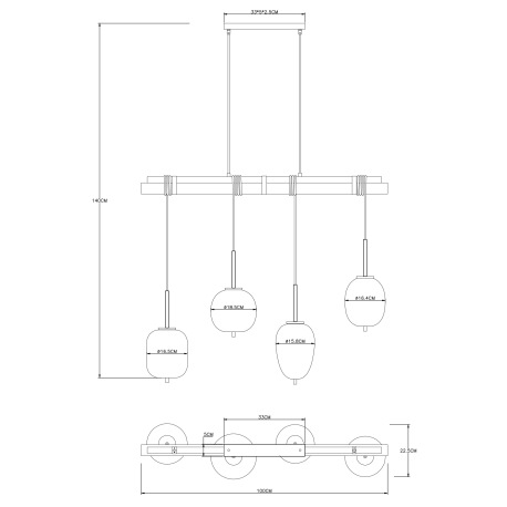 Závesné svietidlo, kov čierny, drevo, sklo, textilný čierny kábel, DxŠxV: 1000x185x1400mm, bez žiaro 16