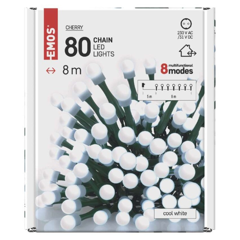 LED vianočná cherry reťaz – guličky, 8 m, vonkajšia aj vnútorná, studená biela, programy 6