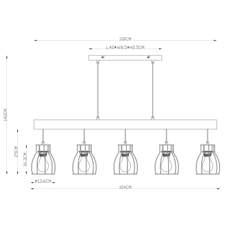 Závesné svietidlo, kov čierny, drevo, DxŠxV:1000x136x1400, bez žiaroviek 5xE27, max. 40W 230V 19