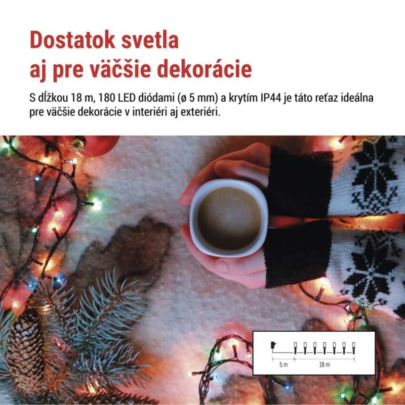LED vianočná reťaz, 18 m, vonkajšia aj vnútorná, multicolor, programy, časovač 1