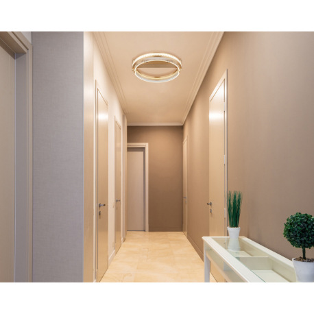 Stropné svietidlo, kov zlatej farby, hliník zlatej farby brúsený, K5 krištále číre, akryl číry, stmi 15