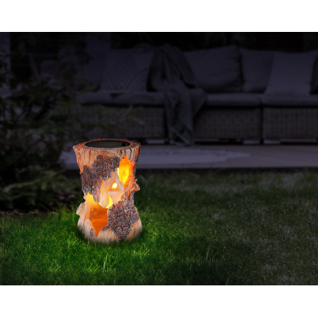 Solárne svietidlo, plast imitácia dreva, hnedý, plast biely, IP44, kmeň stromu, blikajúca LED, akumu 2