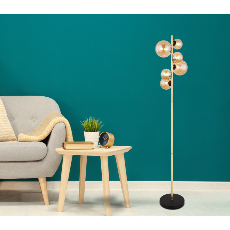 Stojanové svietidlo, kov čierny, kov mosadz, sklo jantárové, nožný vypínač , DxŠxV:285x265x1550mm, d 11