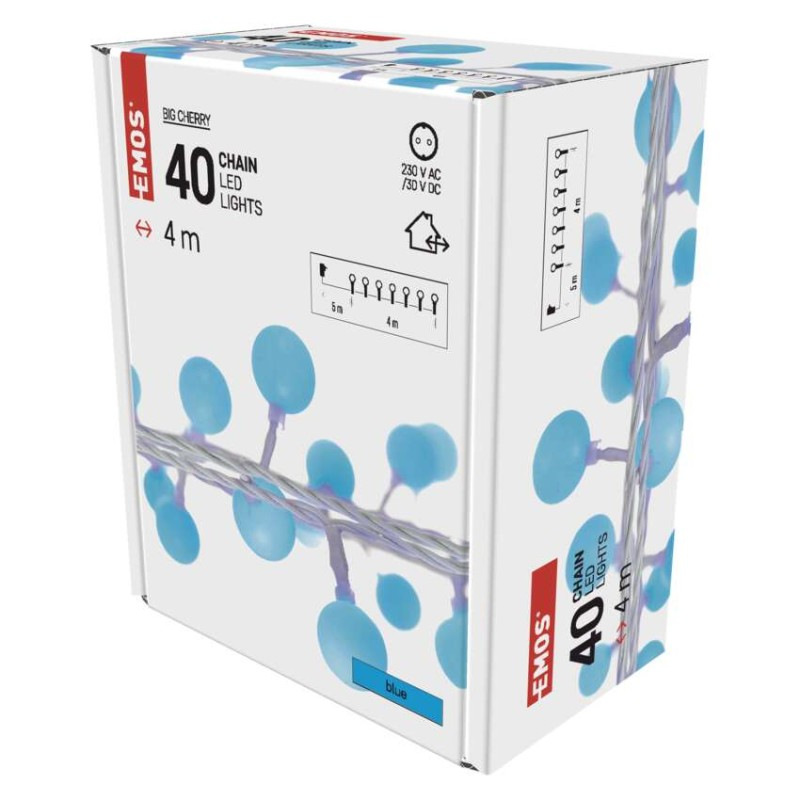 LED svetelná cherry reťaz – guličky 2,5 cm, 4 m, vonkajšia aj vnútorná, modrá, časovač