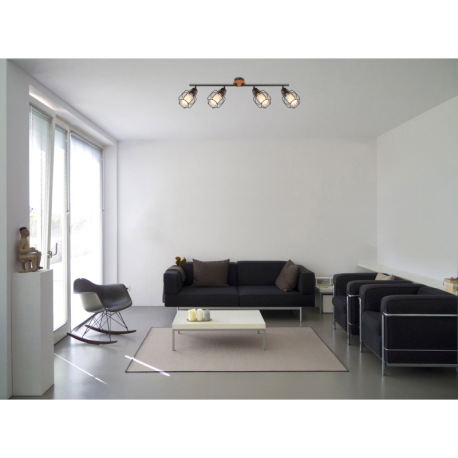 Stropné svietidlo, kov čierny, hnedé drevo, nastaviteľné, DxŠxV:800x110x240, bez žiaroviek 4xE27, ma 1