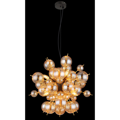 Závesné svietidlo, kov čierny, kov zlatej farby, sklenené gule jantárovej farby, kábel PVC čierny, m 3