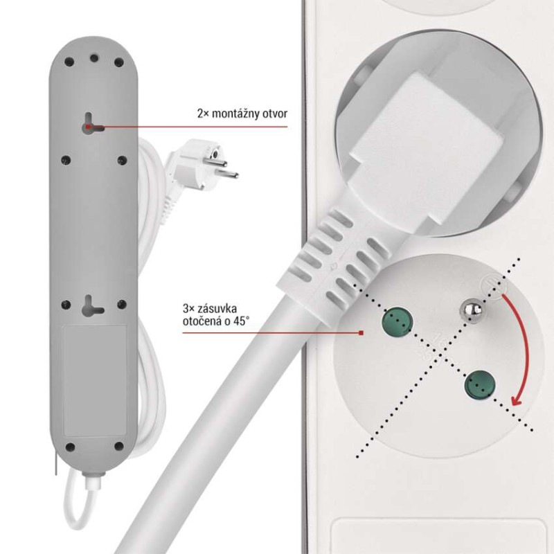Predlžovací kábel 2 m / 3 zásuvky / s vypínačom / biely / 1×USB-A + 1×USB-C / 1,5 mm2 4