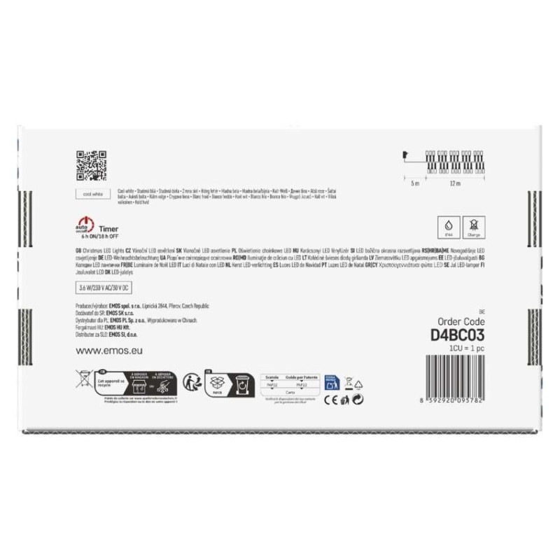 LED vianočná reťaz – ježko, 12 m, vonkajšia aj vnútorná, studená biela, časovač 8