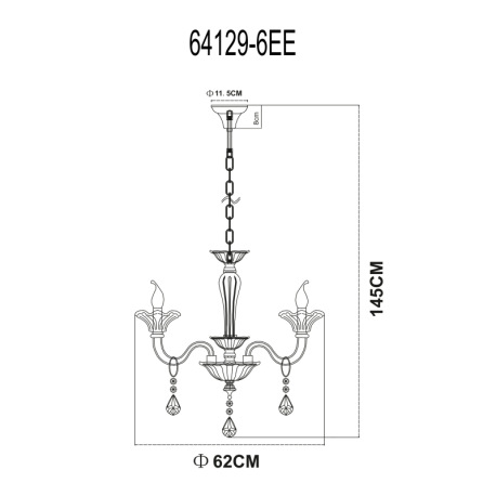 Luster, kov, chróm, sklo, K5 kryštály dymové, Ø: 620, V: 1450, bez žiaroviek 6xE14, max. 40W 230V 8