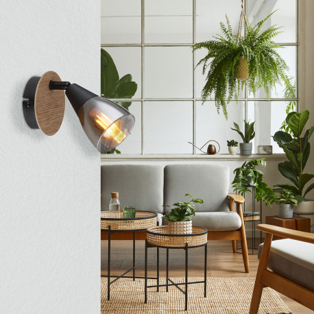 Nástenné svietidlo, bodové, kov čierny matný, drevo hnedé, sklo dymové, ø 80 mm, V:130mm, H: 160mm, 1