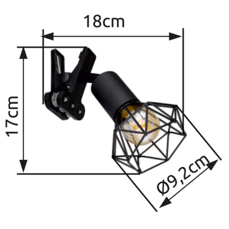 Štipcové svietidlo kov čierny matný, plast, kovová mriežka čierna matná, kábel PVC čierny, kolískový 10