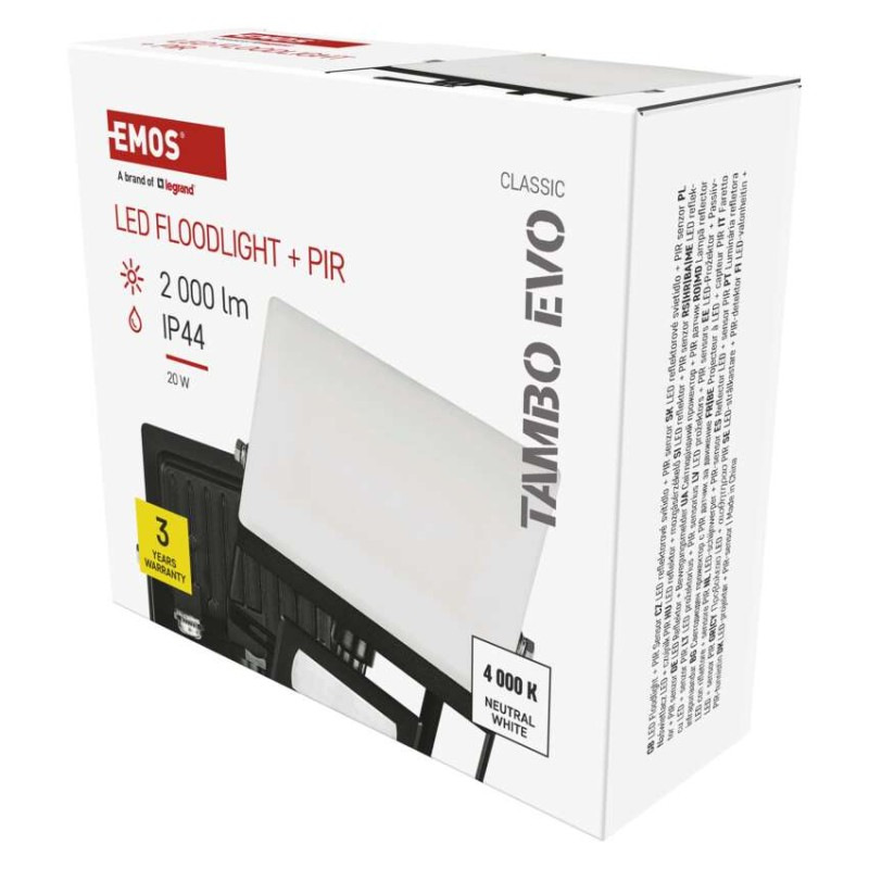 LED reflektor TAMBO EVO so senzorom pohybu, 20 W, 2000 lm, IP65, čierny
