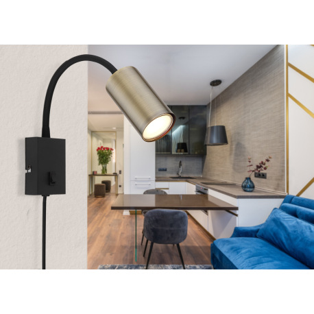 Nástenné svietidlo, kov čierny, plast čierny, mosadz, čierny PVC kábel, s vypínačom, Flexo, ŠxV:70x4 5