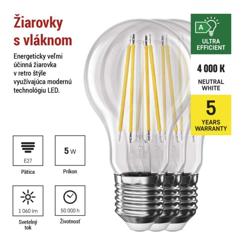 LED žiarovka Filament A CLASS A60 / E27 / 5 W (75 W) / 1 060 lm / neutrálna biela 1