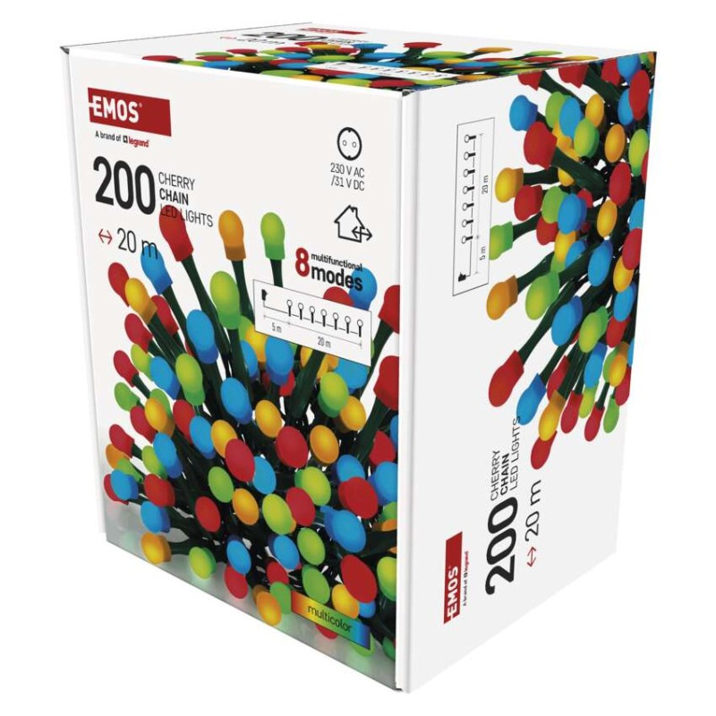 LED vianočná cherry reťaz – guličky, 20 m, vonk. aj vnútor., multicolor, programy, časovač 3