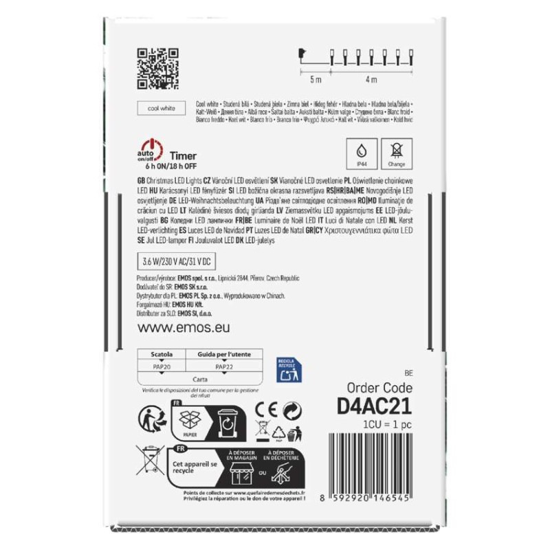 LED vianočná reťaz, 4 m, vonkajšia aj vnútorná, studená biela, programy, časovač 13