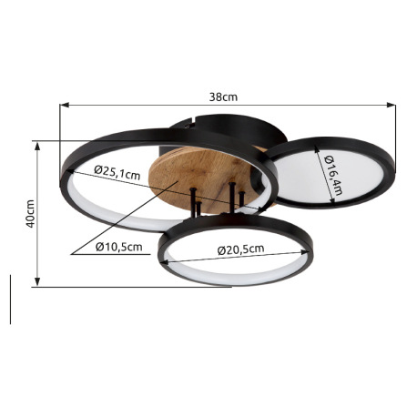 Stropné svietidlo, kov čierny, MDF vzhľad dreva, plast biely, DxŠxV:400x380x105mm, vrátane LED 30W 2 9