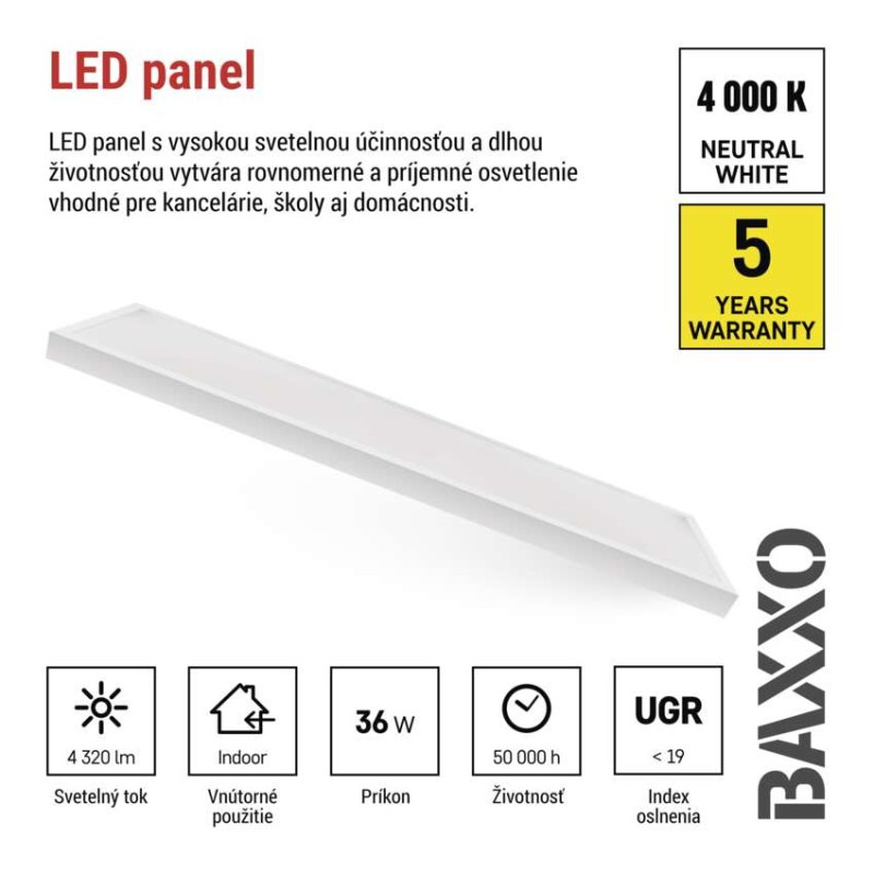 LED panel BAXXO 30×120, obdĺžnikový biely, 36W neutr. b. UGR 4