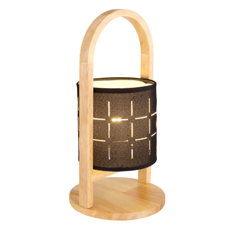Stolná lampa prírodné drevo, textil čierny, kábel PVC čierny, kolískový vypínač na kábli, ø: 160mm,