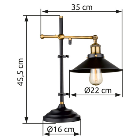 Stolová lampa, kov čierny, stará mosadz, nastaviteľné, vypínač, DxŠxV:350x220x455, bez žiarovky 1xE2 6