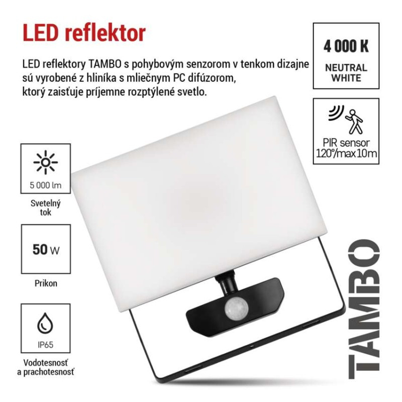 LED reflektor TAMBO so senzorom pohybu, 50 W, 5000 lm, čierny 6