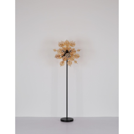 Závesné svietidlo, kov čierny, kov zlatej farby, sklenené gule jantárovej farby, kábel PVC čierny, m 8