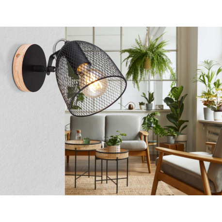Nástenné svietidlo, drevo hnedé a čierne, kov čierny, mriežkované kovové tienidlo, ŠxV:130x170, H:24 9