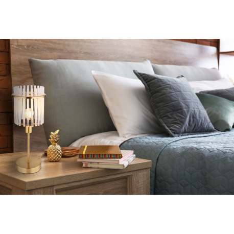 Stolové svietidlo, kov zlatej farby, sklenené tyče biele, priehľadné, kábel PVC čierny, kolískový vy 1