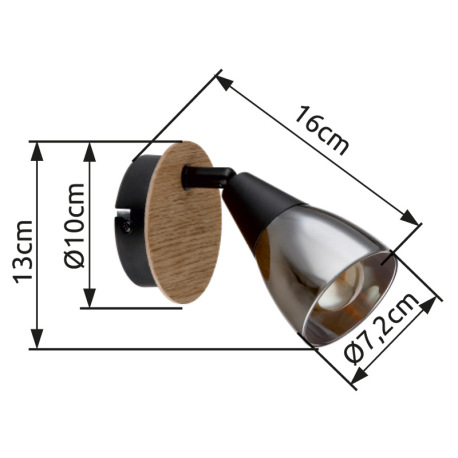 Nástenné svietidlo, bodové, kov čierny matný, drevo hnedé, sklo dymové, ø 80 mm, V:130mm, H: 160mm, 6