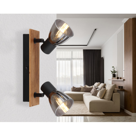 Nástenné svietidlo, drevo hnedé, kov čierny, dymové sklo, s vypínačom, DxŠxV:250x70x155mm, bez žiaro 1