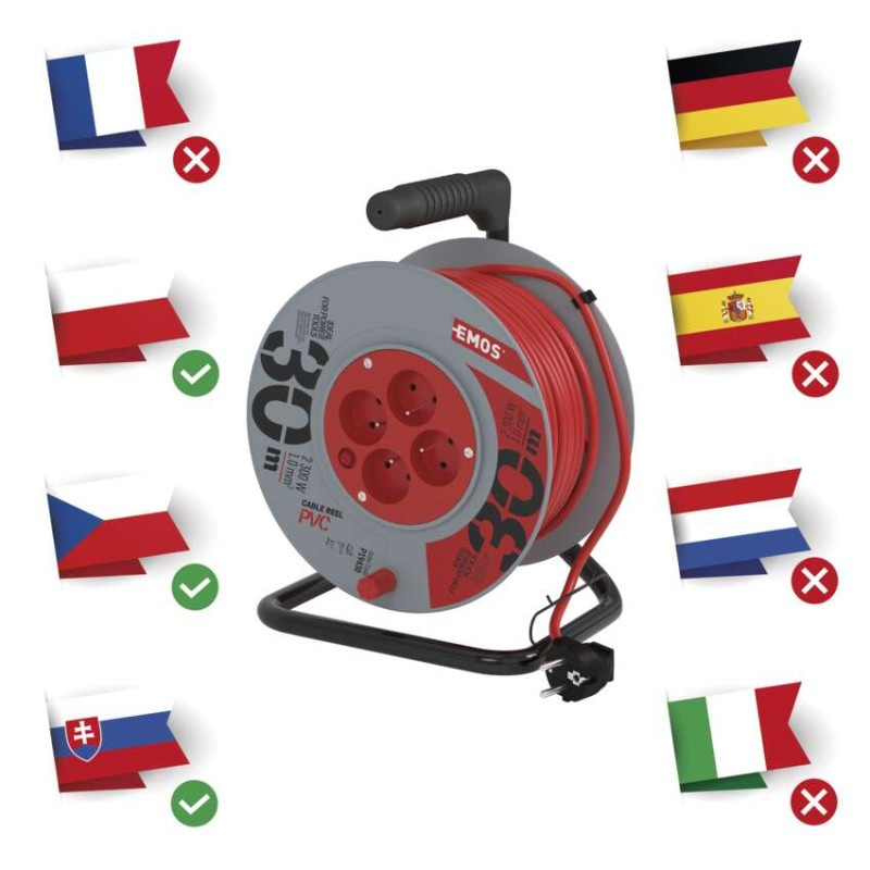 Predlžovací kábel na bubne 30 m / 4 zásuvky / červený / PVC / 230 V / 1 mm2 4