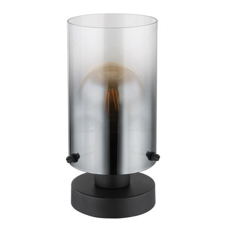Stolové svietidlo, kov čierny matný, sklo dymové, priehľadné, kábel PVC čierny, kolískový vypínač na 2