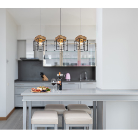 Závesné svietidlo, kov čierny, hnedé drevo, oceľová klietka, textilný kábel čierny, DxŠxV:950x200x12 1