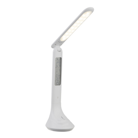 Nabíjateľná stolová lampa, plast, biela, hodiny, kalendár, budík, s adaptérom, zapnutie dotykom, dot